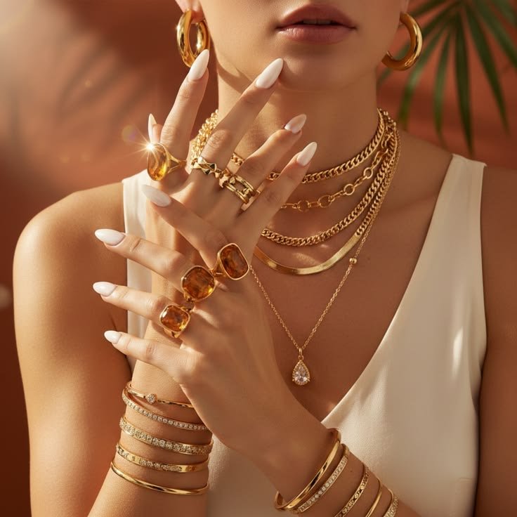 Gold hoops, rings and layered necklaces in warm light
